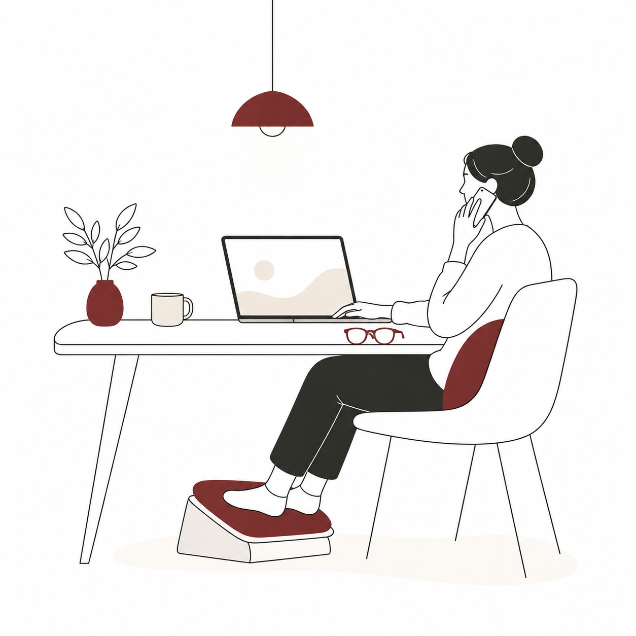Minimal illustration of desk work with phone call, laptop and feet elevated